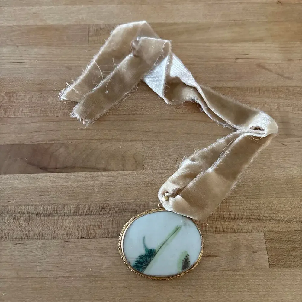 Ceramic Cameo pendant with Green Floral Design on Choker Ribbon Handmade Dainty
